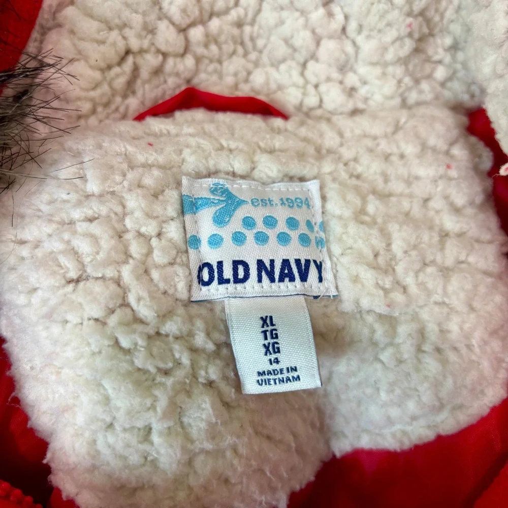 Girls Red Old Navy Hoodie (faux‎ fur trim) Jacket  XL 14 Zip &Toggle buttons